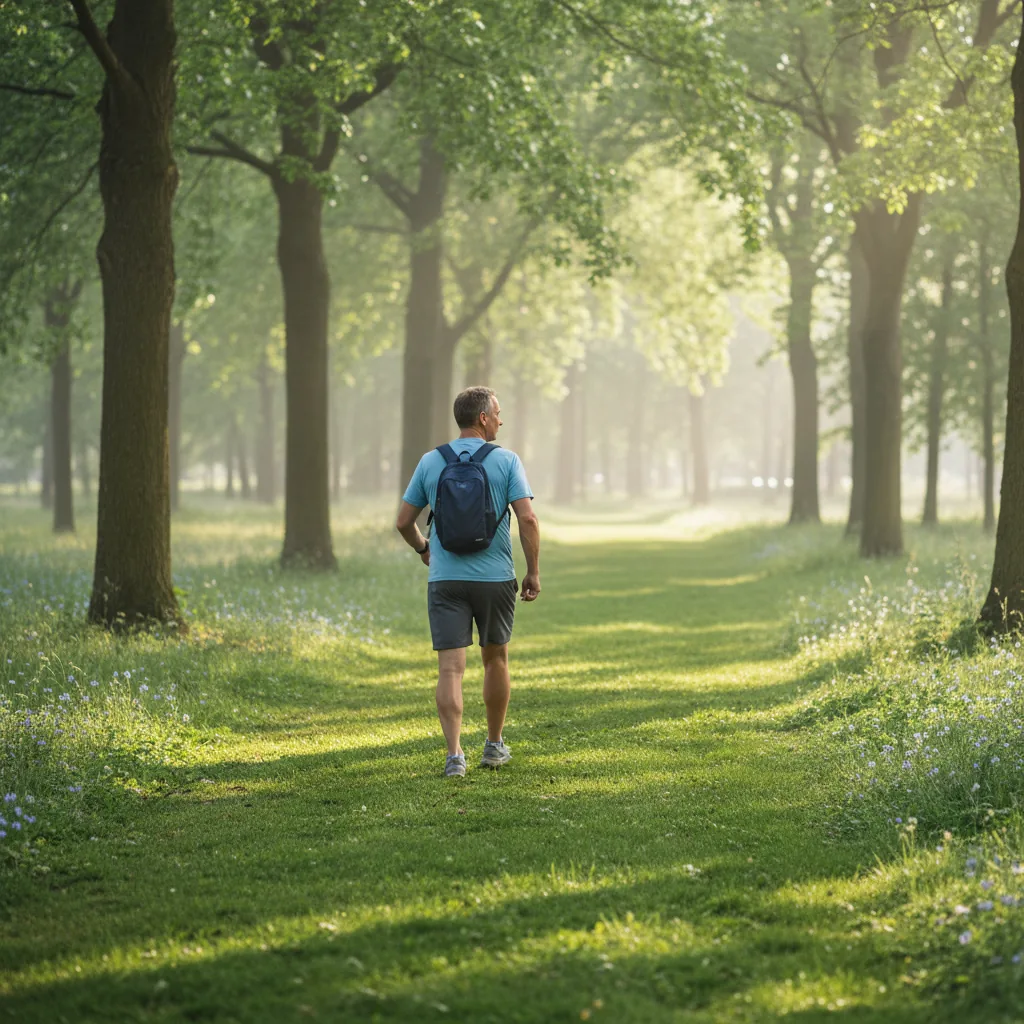 Anonieme man wandelt in park - prostaatgezondheid mannen boven 50 actief ouder worden